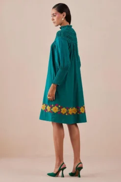 Chandrima Green Applique And Ruched Dress -Inca Clothing Shop 2811cha30 3