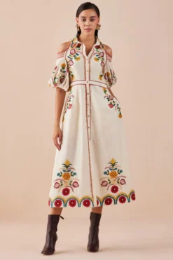 Chandrima Ivory Applique Cold Shoulder Midi Dress