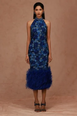 Shriya Som Blue Halter Neck Floral Embellished Dress