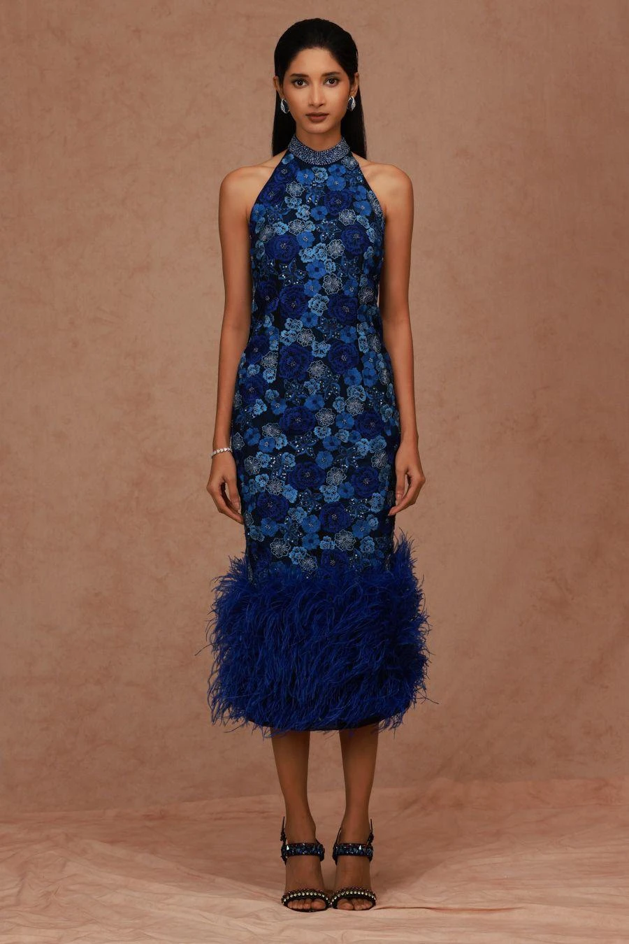 Shriya Som Blue Halter Neck Floral Embellished Dress 1 Shriya Som Blue Halter Neck Floral Embellished Dress