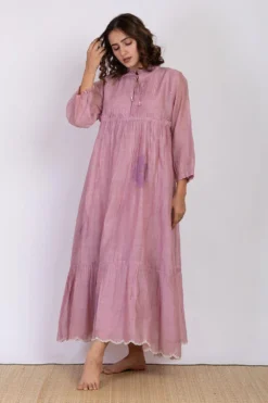 Ekadi Lavender Block Print And Hand Embroidered Dress