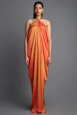 Amit Aggarwal Rust & Orange Panelled Draped Dress