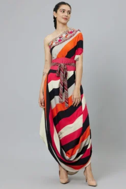 SVA Shahar Stripe One Shoulder Cowl Dress