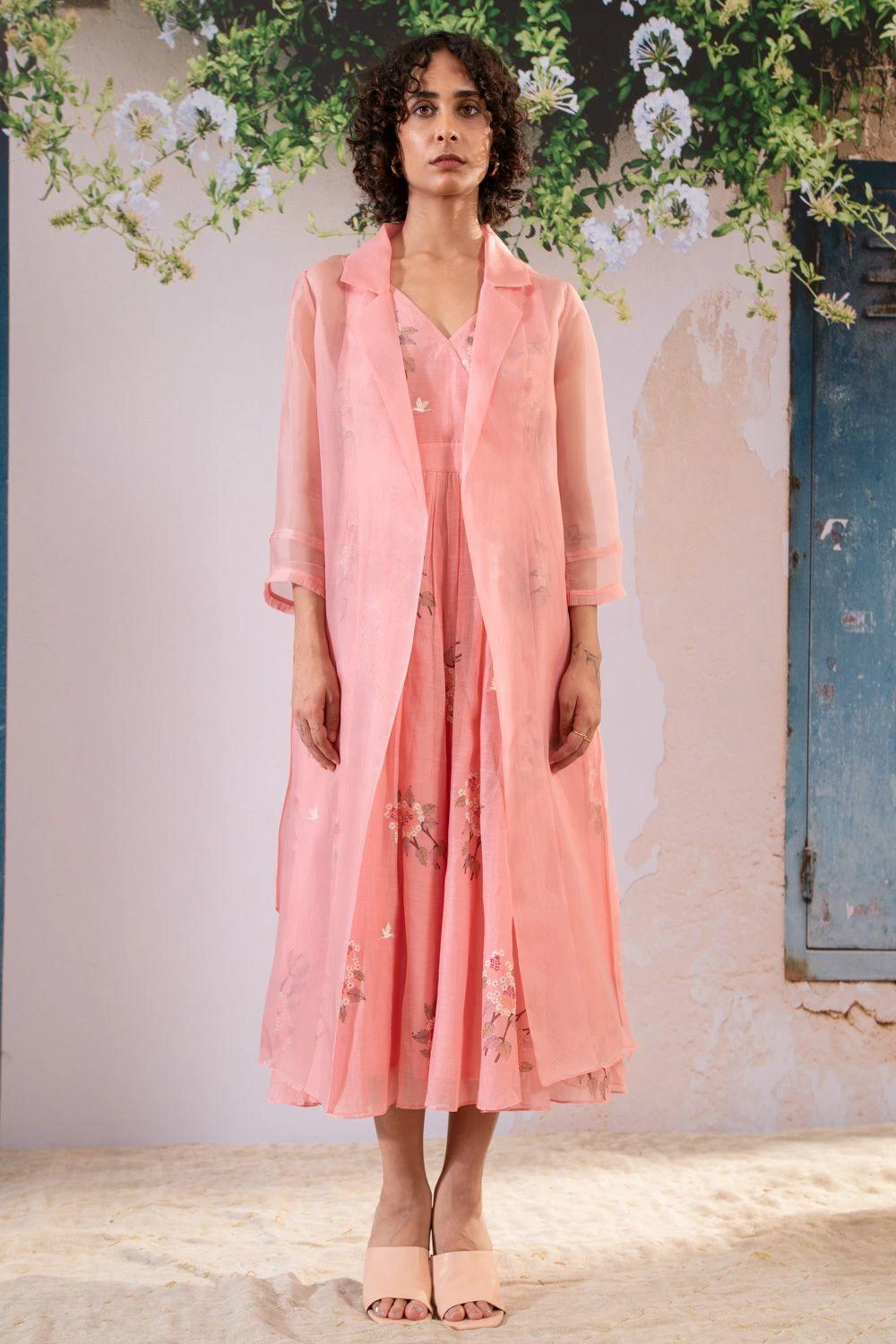 Arcvsh By Pallavi Singh Pink Dahlia Printed Gathered Dress & Jacket Set 1 Arcvsh By Pallavi Singh Pink Dahlia Printed Gathered Dress & Jacket Set