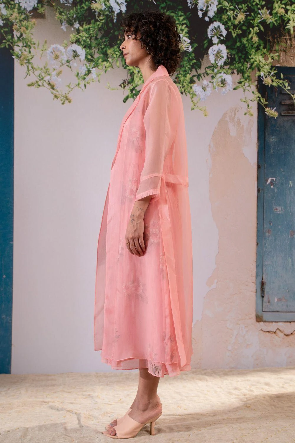 Arcvsh By Pallavi Singh Pink Dahlia Printed Gathered Dress & Jacket Set 2 Arcvsh By Pallavi Singh Pink Dahlia Printed Gathered Dress & Jacket Set - Image 2