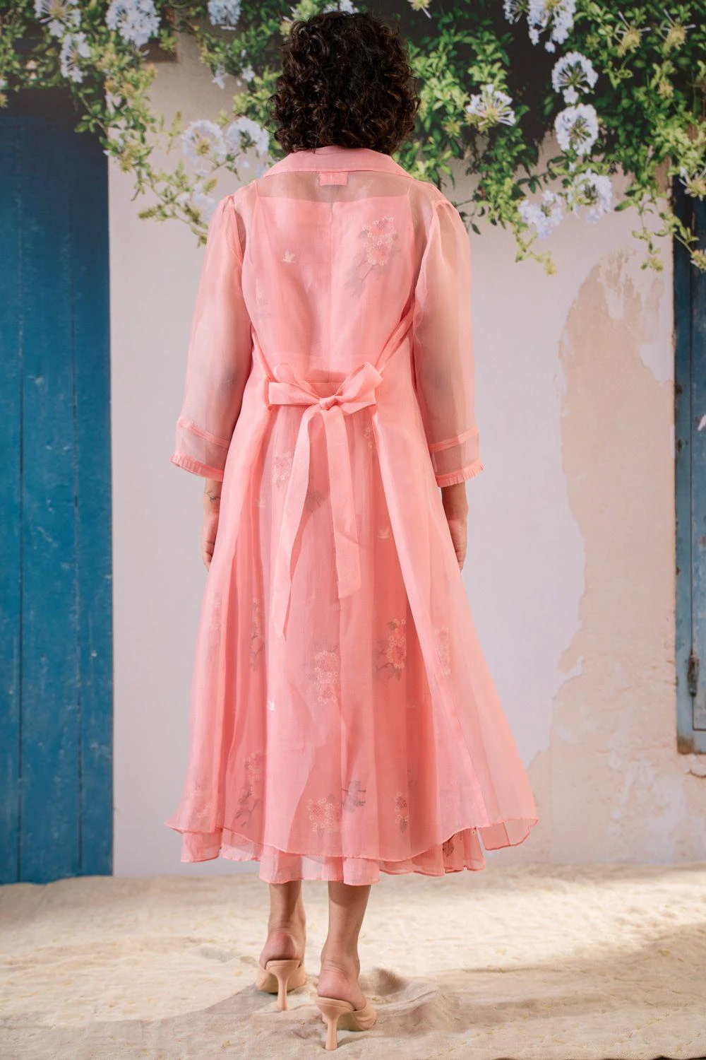 Arcvsh By Pallavi Singh Pink Dahlia Printed Gathered Dress & Jacket Set 3 Arcvsh By Pallavi Singh Pink Dahlia Printed Gathered Dress & Jacket Set - Image 3