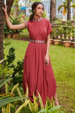 SVA Red Geo Print Dress With An Embellished Belt