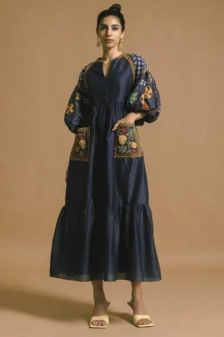 Chandrima Embroidered Midi Dress With Puffed Sleeves