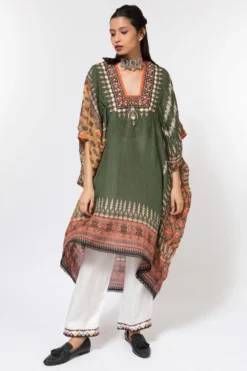 Rajdeep Ranawat Olive Green Printed Silk Dress