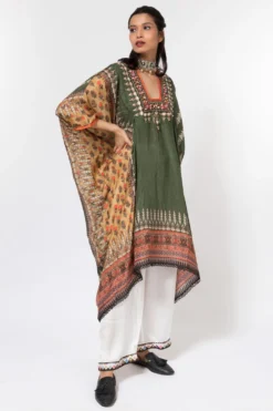 Rajdeep Ranawat Olive Green Printed Silk Dress -Inca Clothing Shop 367039 3