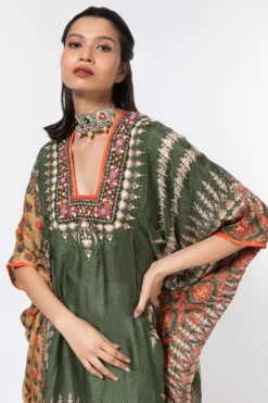 Rajdeep Ranawat Olive Green Printed Silk Dress -Inca Clothing Shop 367039 4