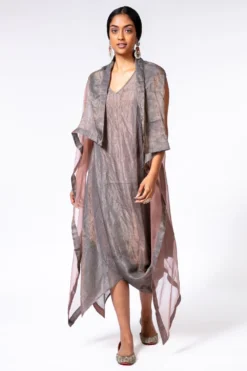 Bodhi Tree Grey & Pink Cowl Drape Dress & Jacket
