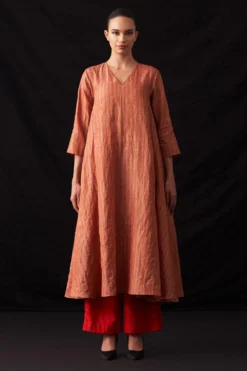 Amrich Fiza Red Hand-Woven Metallic Stripe Dress