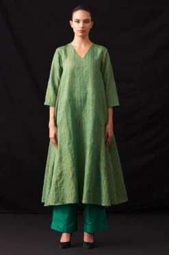 Amrich Fiza Green Hand-Woven Metallic Stripe Dress
