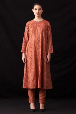 Amrich Zuri Pastel Red Hand-Woven Metallic Stripe Dress