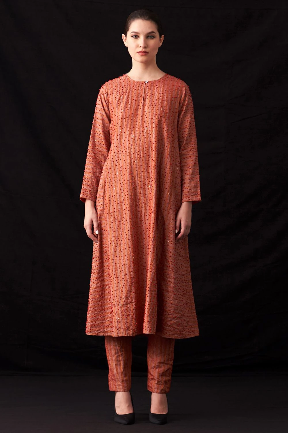 Amrich Zuri Pastel Red Hand-Woven Metallic Stripe Dress 1 Amrich Zuri Pastel Red Hand-Woven Metallic Stripe Dress