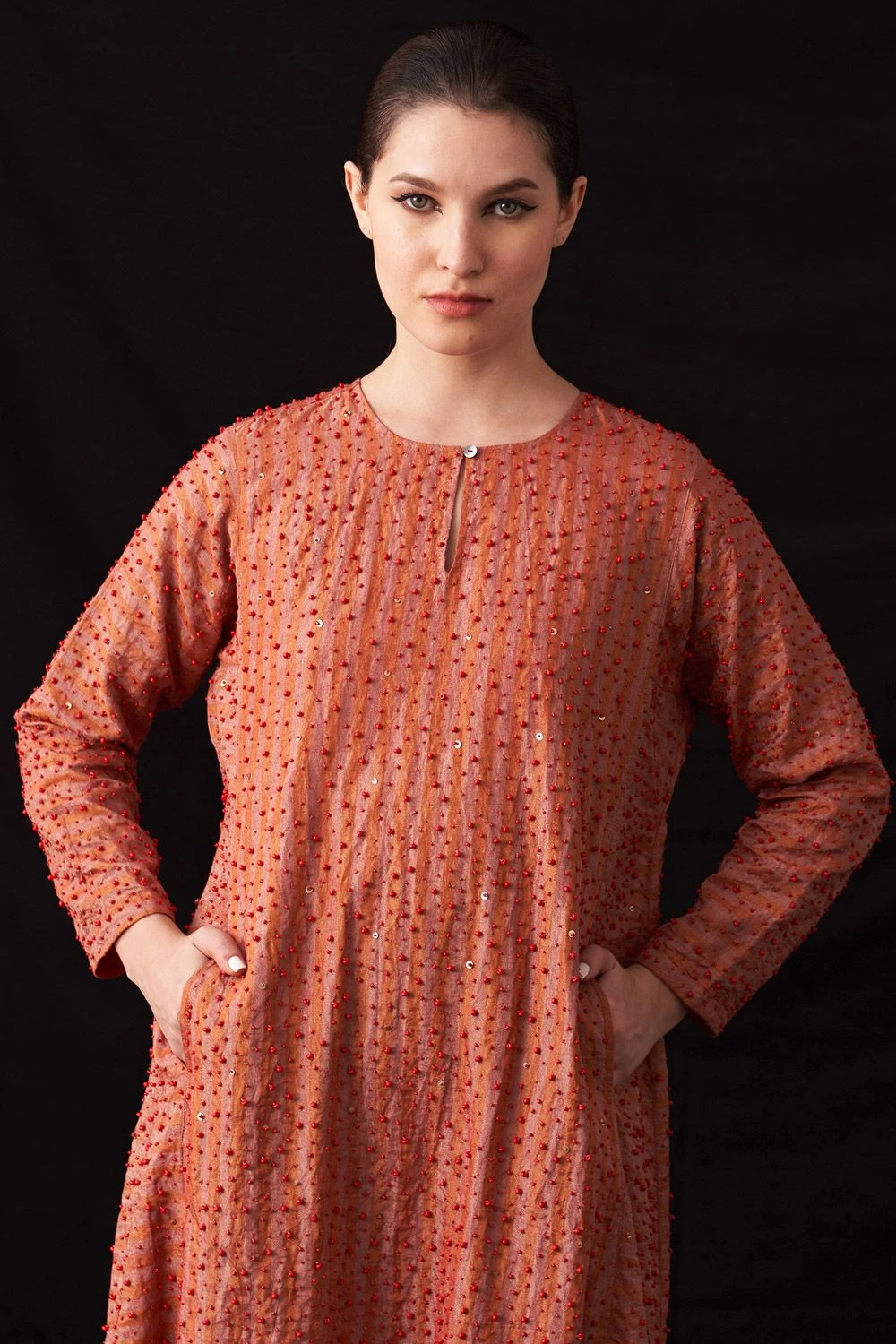 Amrich Zuri Pastel Red Hand-Woven Metallic Stripe Dress 3 Amrich Zuri Pastel Red Hand-Woven Metallic Stripe Dress - Image 3