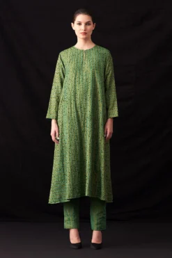 Amrich Zuri Pastel Green Hand-Woven Metallic Stripe Dress