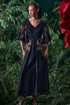 Chandrima Black Pleated Ruched Dress