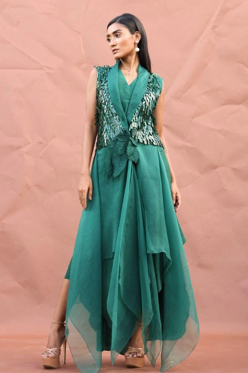 Richa Khemka Green Tassel Wrap Jacket & Dress 2 Richa Khemka Green Tassel Wrap Jacket & Dress - Image 2