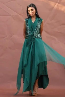 Richa Khemka Green Tassel Wrap Jacket & Dress 5 Richa Khemka Green Tassel Wrap Jacket & Dress -Inca Clothing Shop 426086 3