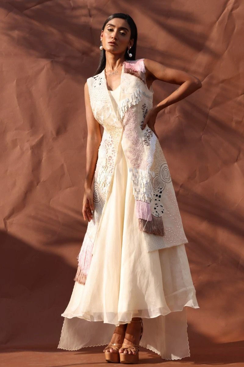 Richa Khemka Ivory Tassel Forrest Jacket And Midi Dress 2 Richa Khemka Ivory Tassel Forrest Jacket And Midi Dress - Image 2