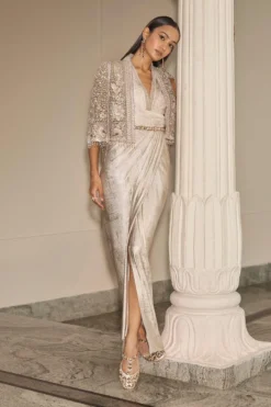 Tarun Tahiliani Gold Gara Embroidered Cape & Dress Set