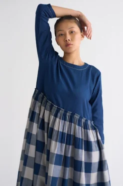 Three Navy Checkered Dress With An Applique Scarf 6 Three Navy Checkered Dress With An Applique Scarf -Inca Clothing Shop 612thw17 2