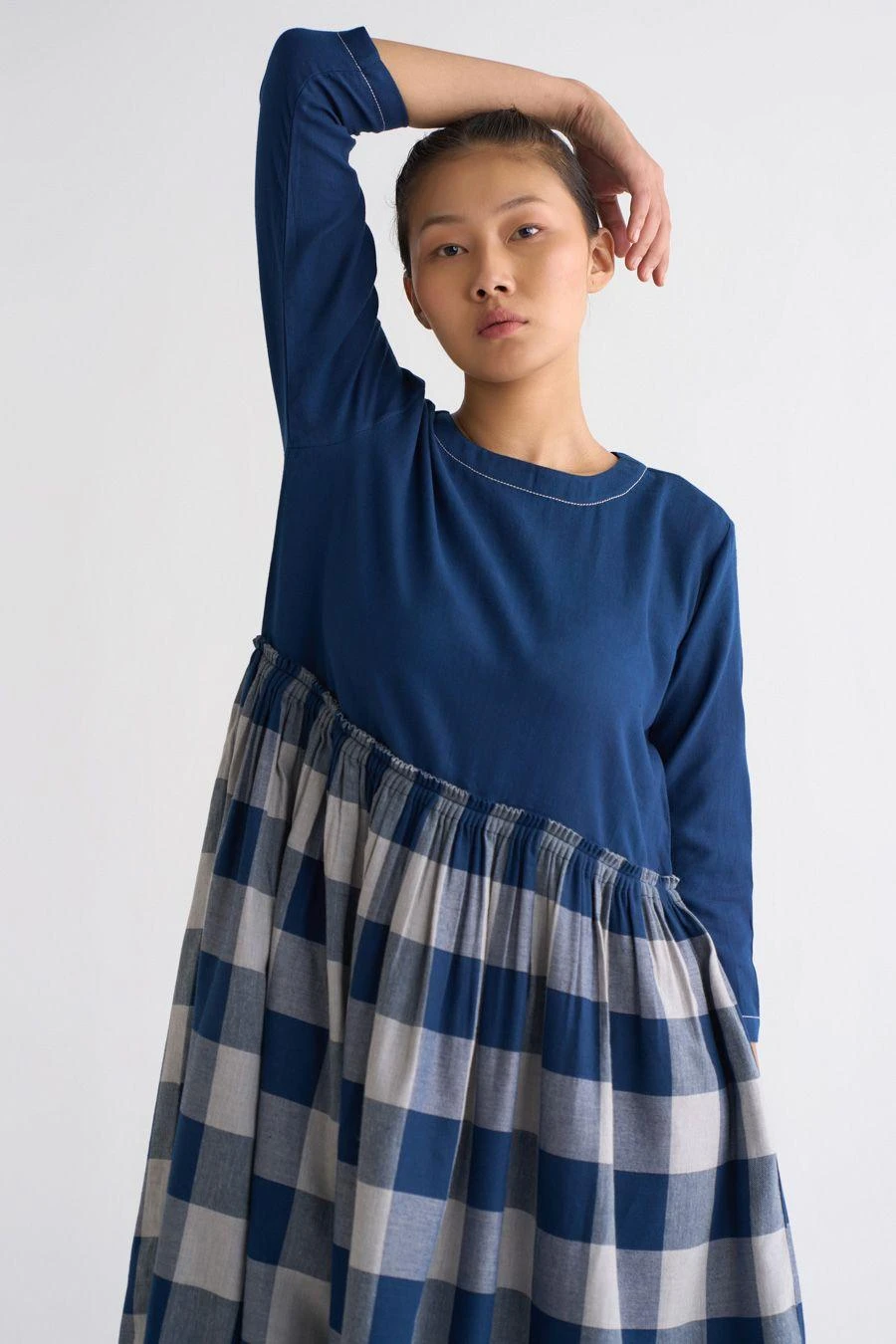 Three Navy Checkered Dress With An Applique Scarf 3 Three Navy Checkered Dress With An Applique Scarf - Image 3