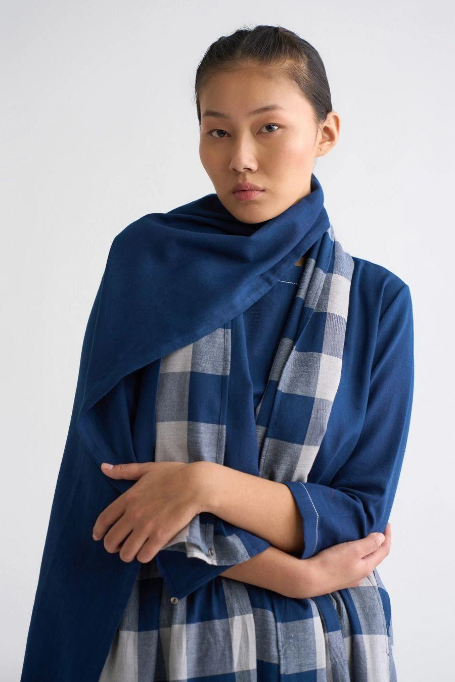 Three Navy Checkered Dress With An Applique Scarf 1 Three Navy Checkered Dress With An Applique Scarf