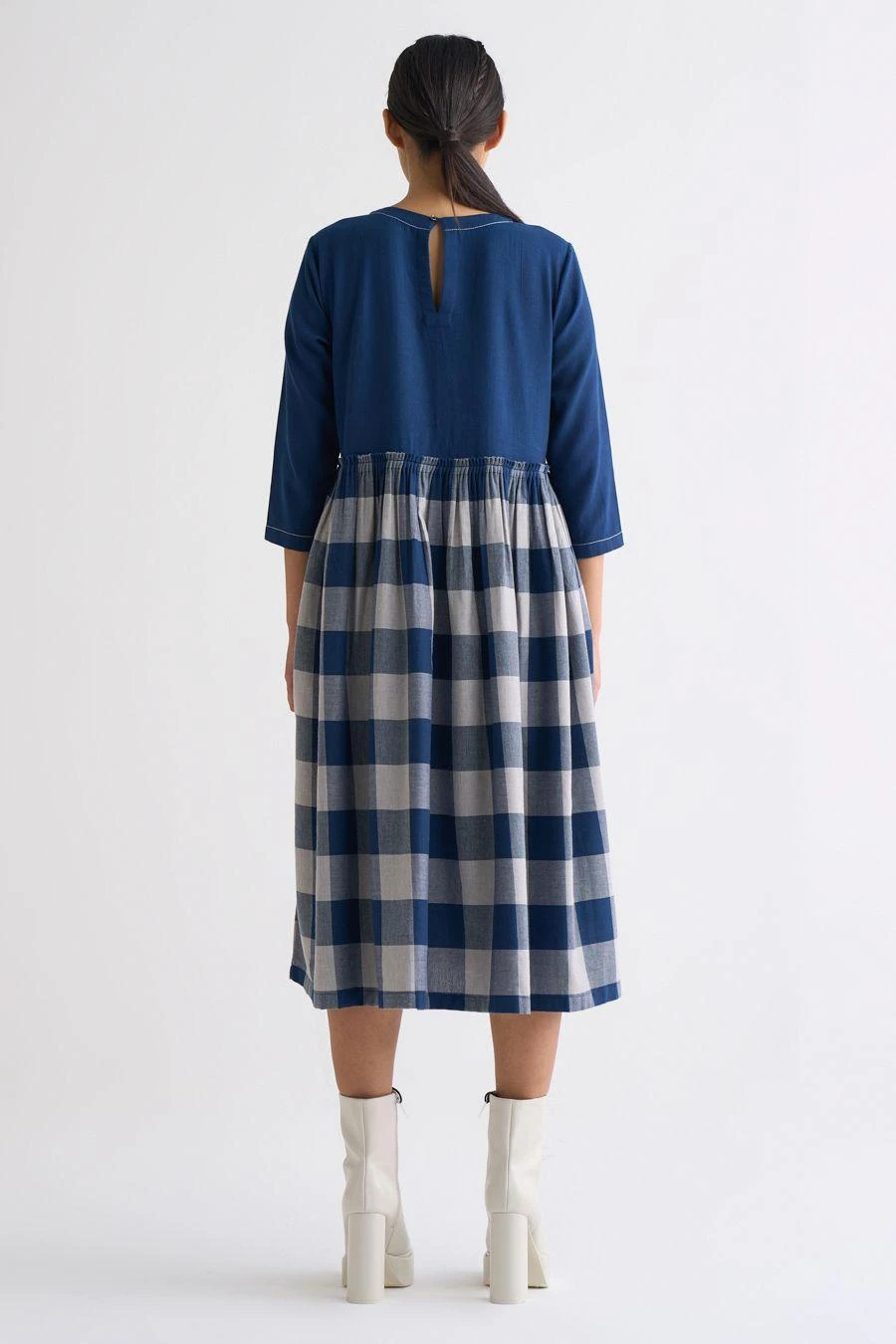 Three Navy Checkered Dress With An Applique Scarf 4 Three Navy Checkered Dress With An Applique Scarf - Image 4