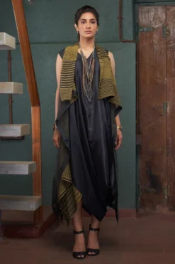 Bodhi Tree Olive Green Cowl Dress With A Striped Jacket