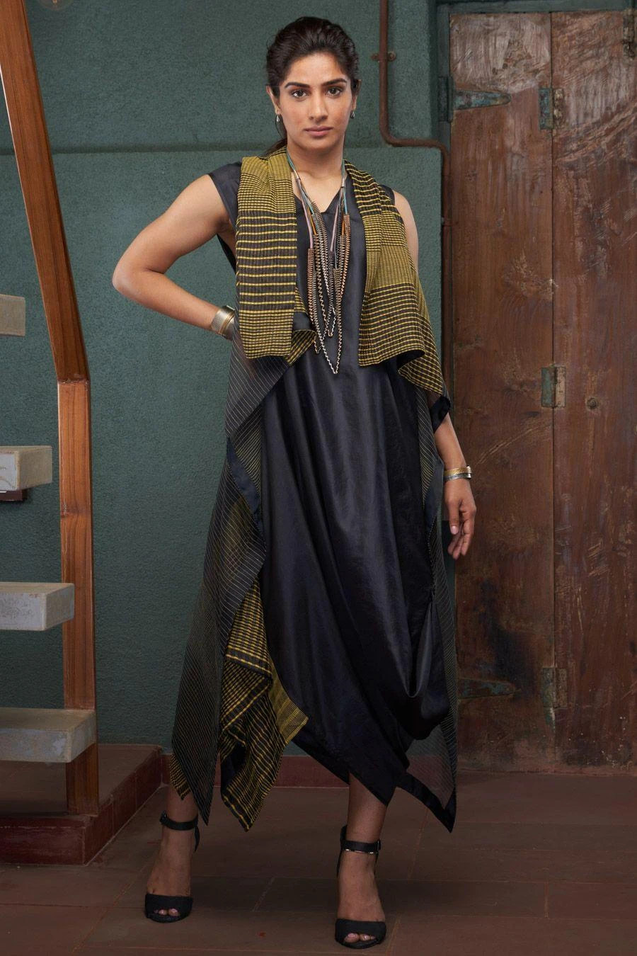 Bodhi Tree Olive Green Cowl Dress With A Striped Jacket 2 Bodhi Tree Olive Green Cowl Dress With A Striped Jacket - Image 2