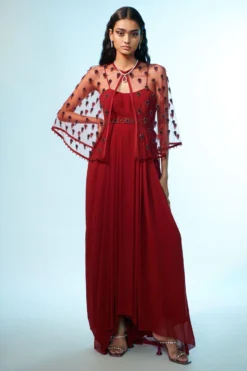 Anjali Kanwar Maroon Crystal Embellished Cape & Dress