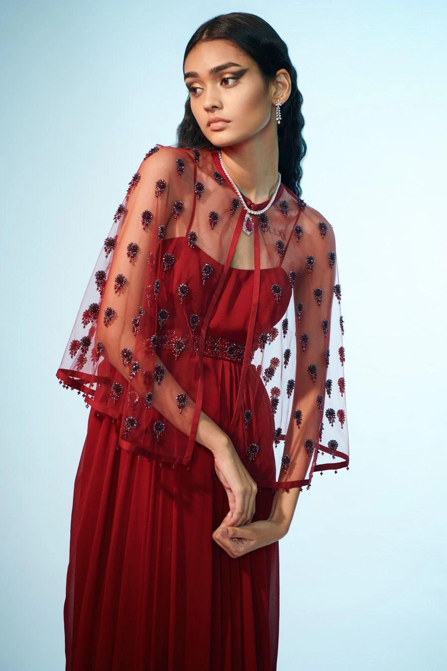 Anjali Kanwar Maroon Crystal Embellished Cape & Dress 2 Anjali Kanwar Maroon Crystal Embellished Cape & Dress - Image 2