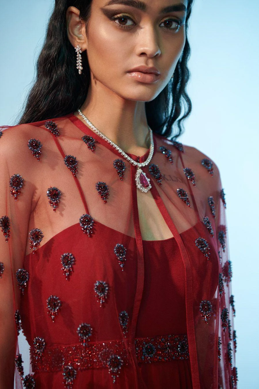 Anjali Kanwar Maroon Crystal Embellished Cape & Dress 3 Anjali Kanwar Maroon Crystal Embellished Cape & Dress - Image 3