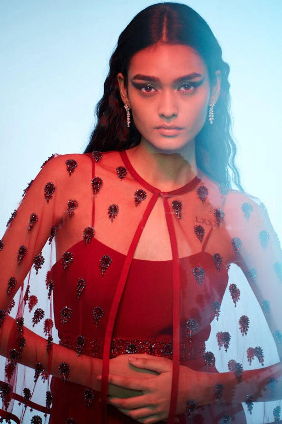 Anjali Kanwar Maroon Crystal Embellished Cape & Dress 4 Anjali Kanwar Maroon Crystal Embellished Cape & Dress - Image 4