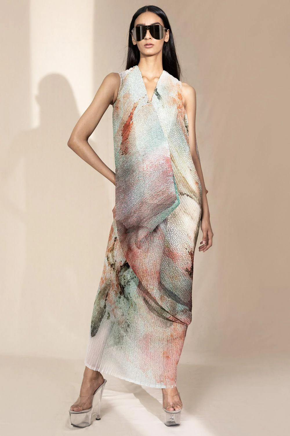 Abhishek Sharma Crystal Petalite V-neck Draped Dress 1 Abhishek Sharma Crystal Petalite V-neck Draped Dress