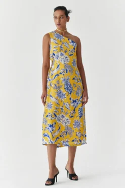 Studio RIGU Yellow Pineapple Printed One Shoulder Dress