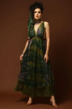 CAPISVIRLEO Olive Green Tie & Dye Backless Dress