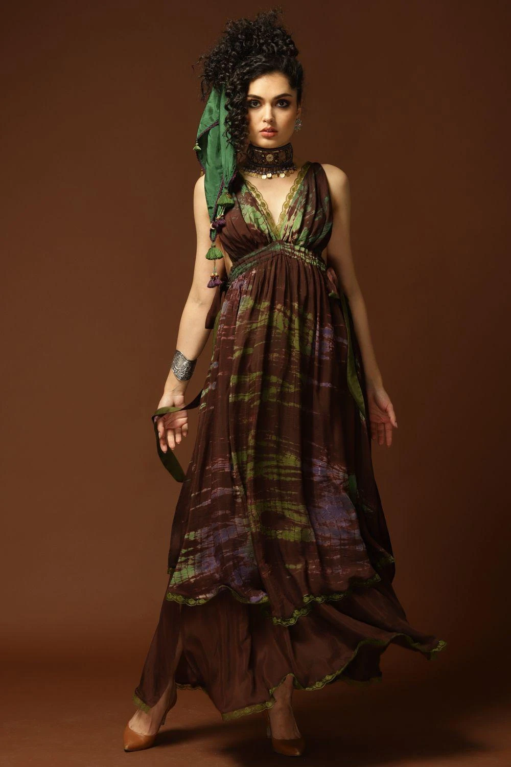 CAPISVIRLEO Brown & Olive Tie Dye Backless Dress 1 CAPISVIRLEO Brown & Olive Tie Dye Backless Dress