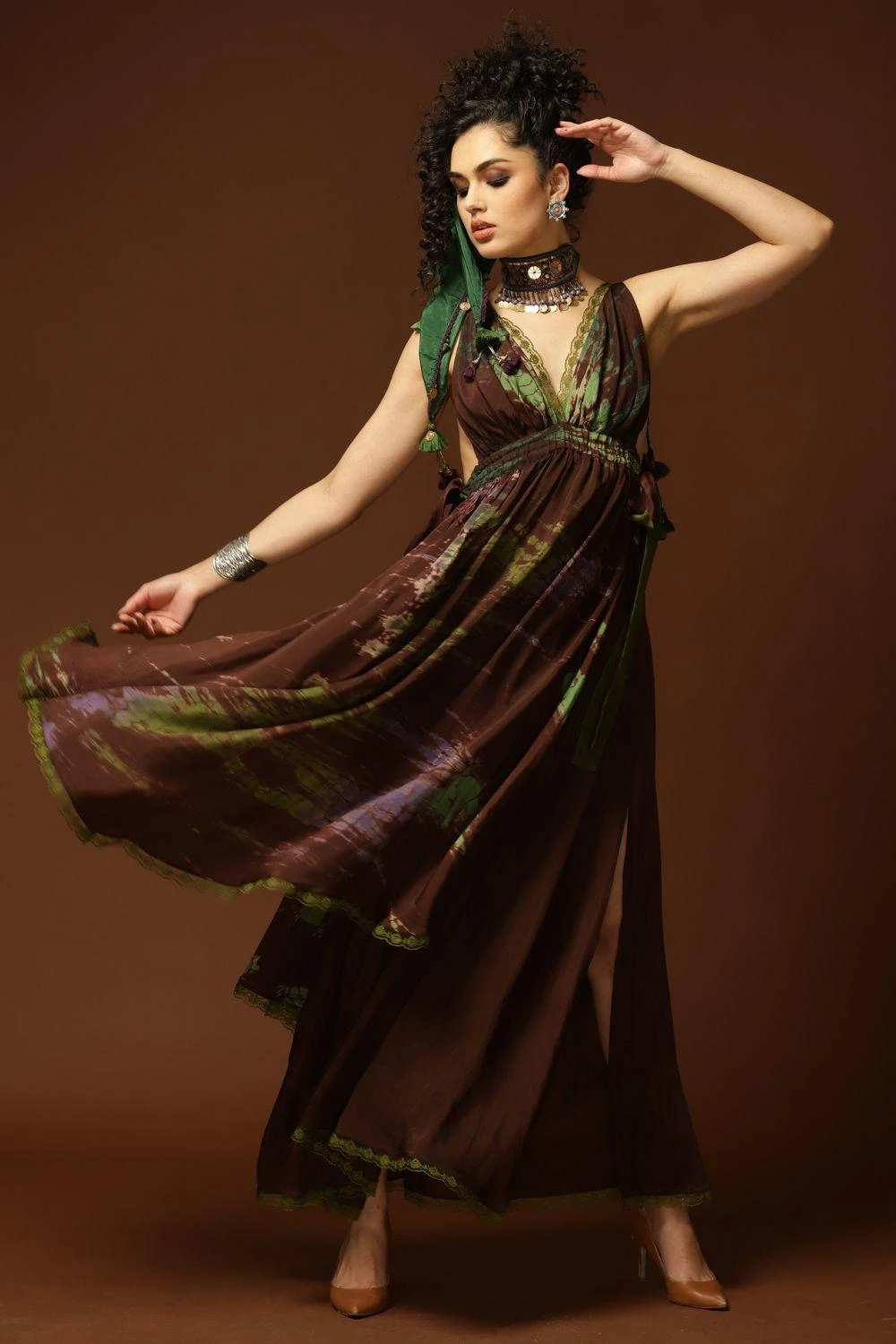 CAPISVIRLEO Brown & Olive Tie Dye Backless Dress 2 CAPISVIRLEO Brown & Olive Tie Dye Backless Dress - Image 2