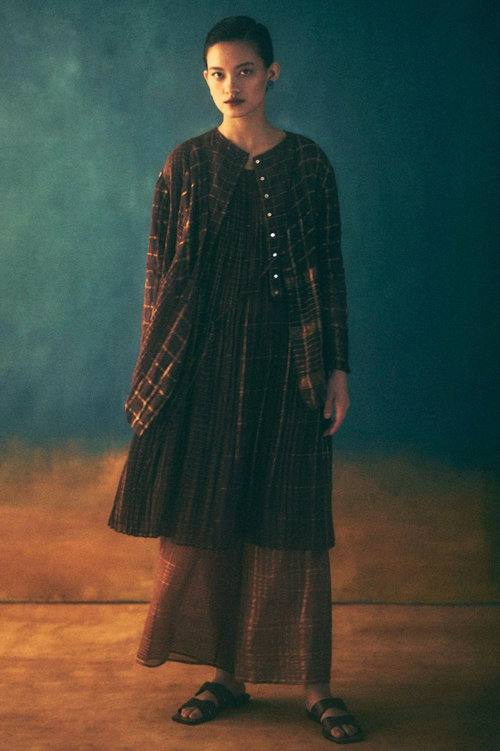 Urvashi Kaur Umber Micropleated Checkered Dress 1 Urvashi Kaur Umber Micropleated Checkered Dress