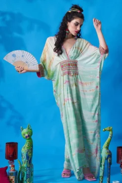 CAPISVIRLEO Mint Green Cotton Silk Kaftan Dress -Inca Clothing Shop 88cap32 3