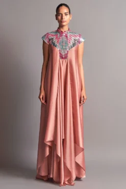 Amit Aggarwal Coral Draped Dress With A Metallic Chevron Yoke