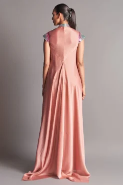 Amit Aggarwal Coral Draped Dress With A Metallic Chevron Yoke -Inca Clothing Shop aair 057 blsh 3