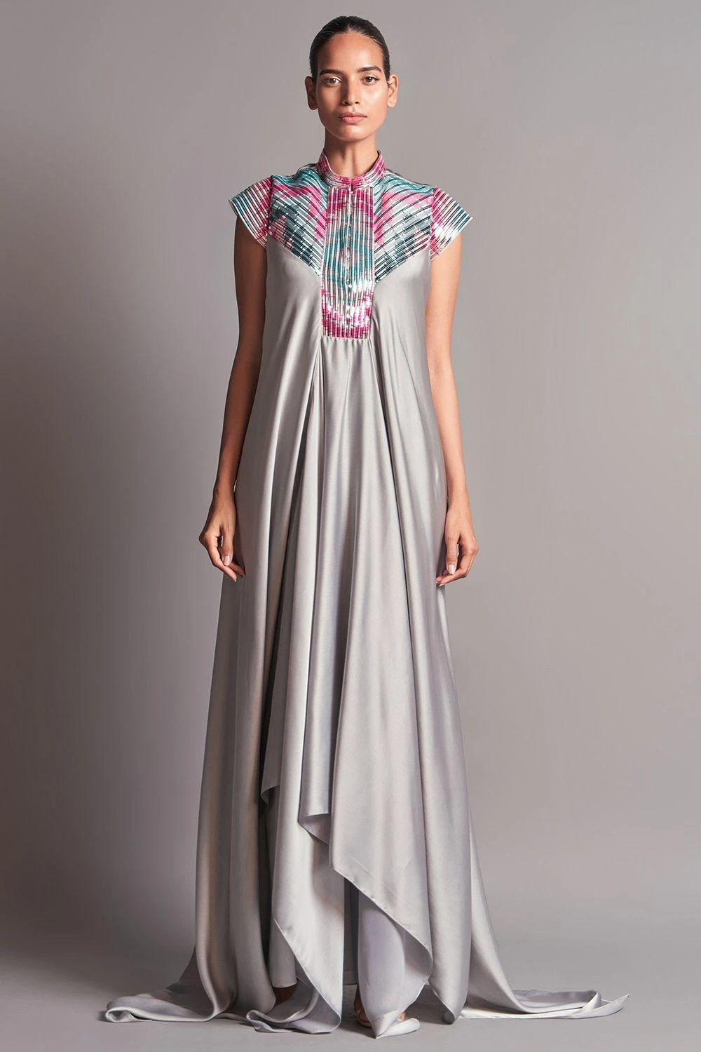 Amit Aggarwal Grey Draped Dress With A Metallic Chevron Yoke 1 Amit Aggarwal Grey Draped Dress With A Metallic Chevron Yoke