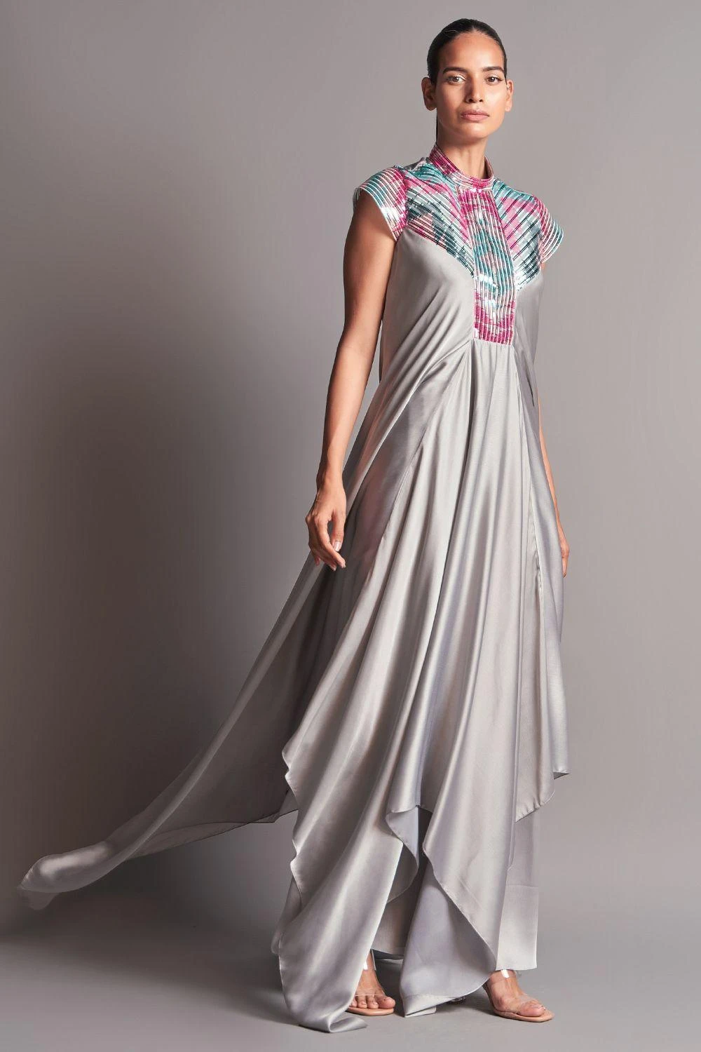 Amit Aggarwal Grey Draped Dress With A Metallic Chevron Yoke 2 Amit Aggarwal Grey Draped Dress With A Metallic Chevron Yoke - Image 2