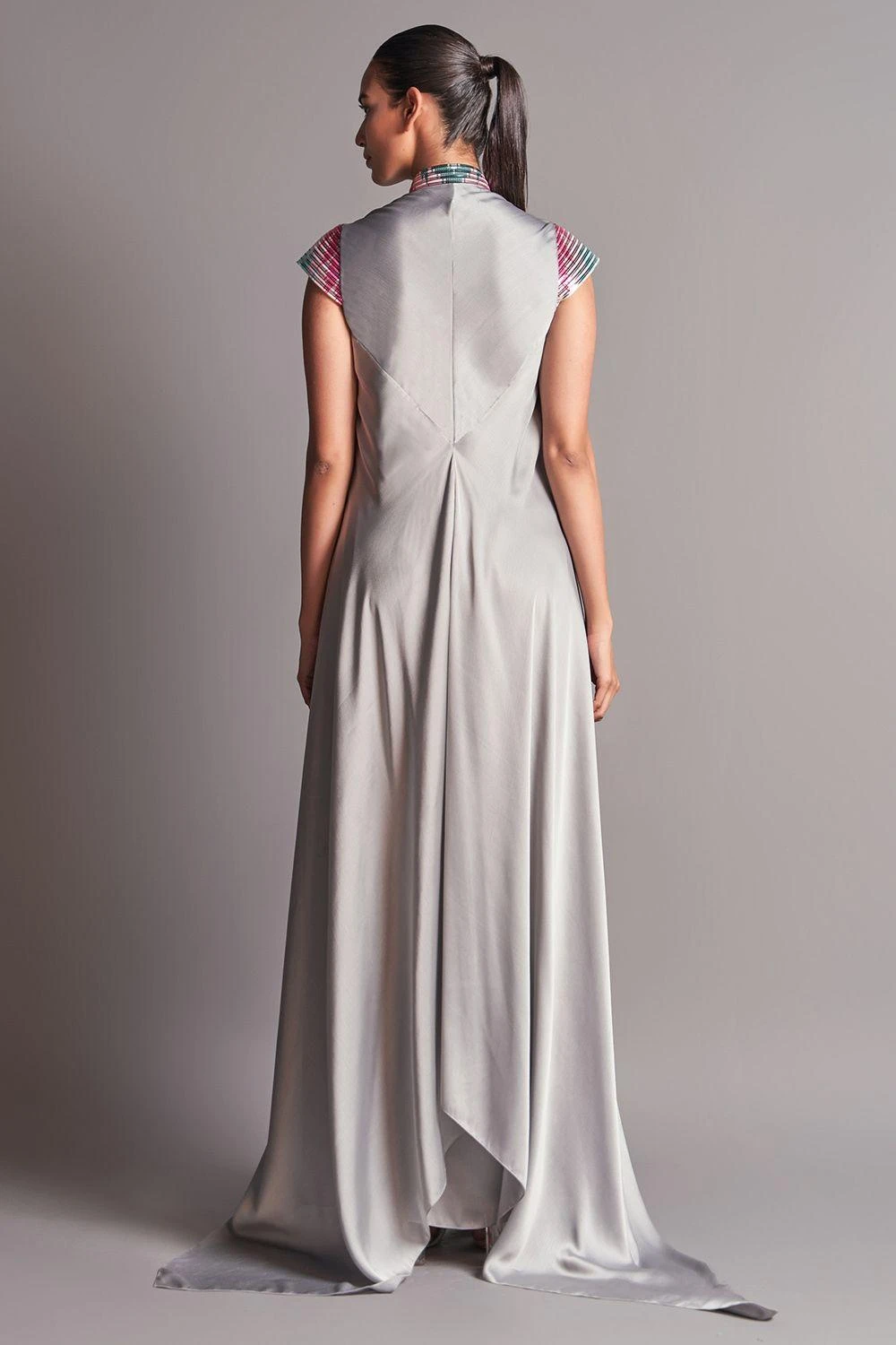 Amit Aggarwal Grey Draped Dress With A Metallic Chevron Yoke 3 Amit Aggarwal Grey Draped Dress With A Metallic Chevron Yoke - Image 3