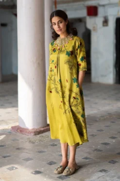 Archana Jaju Mustard Kalamkari Dress -Inca Clothing Shop aj re 09 3
